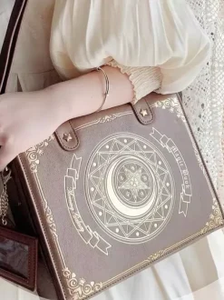 Gothic Lolita Bag Coffee Brown PU Leather Metal Details Floral Print Stars Print PU Leather Cross-body Bag Lolita Accessories