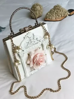 Gothic Lolita Bag Pink Chains Pearls Applique Handbag PU Leather Lolita Accessories