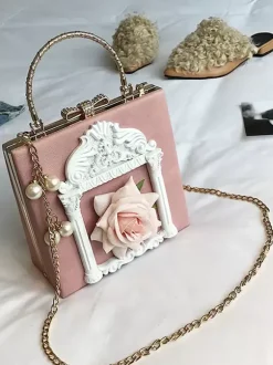 Gothic Lolita Bag Pink Chains Pearls Applique Handbag PU Leather Lolita Accessories