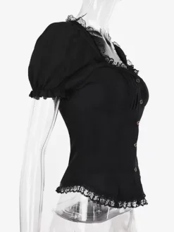 Gothic Lolita Blouses Black Lolita Top Short Sleeves Lace Ruffles Lolita Shirt