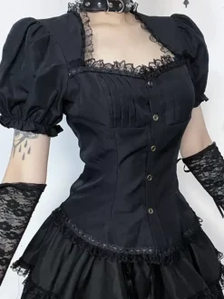 Gothic Lolita Blouses Black Lolita Top Short Sleeves Lace Ruffles Lolita Shirt