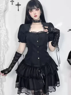 Gothic Lolita Blouses Black Lolita Top Short Sleeves Lace Ruffles Lolita Shirt