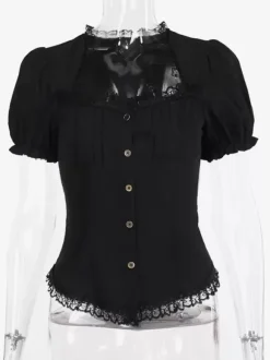 Gothic Lolita Blouses Black Lolita Top Short Sleeves Lace Ruffles Lolita Shirt