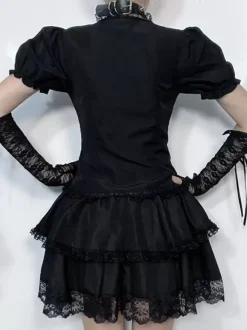 Gothic Lolita Blouses Black Lolita Top Short Sleeves Lace Ruffles Lolita Shirt
