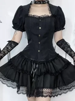 Gothic Lolita Blouses Black Lolita Top Short Sleeves Lace Ruffles Lolita Shirt