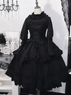 Gothic Lolita Blouses Black Long Sleeves Lolita Top Ruffles Bows Jacquard Lolita Shirt