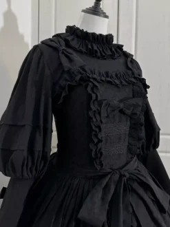 Gothic Lolita Blouses Black Long Sleeves Lolita Top Ruffles Bows Jacquard Lolita Shirt