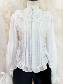 Gothic Lolita Blouses Bows Lace Long Sleeves Lolita Top Blouse White Lolita Shirt