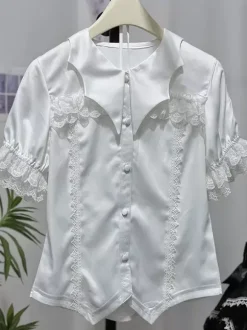 Gothic Lolita Blouses Lace Up Ruffles Short Sleeves Blouse Lolita Top White Lolita Shirt