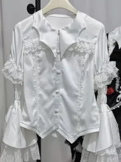 Gothic Lolita Blouses Lace Up Ruffles Short Sleeves Blouse Lolita Top White Lolita Shirt