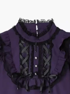 Gothic Lolita Blouses Lolita Top Purple Long Sleeves Lace Ruffles Color Block Lolita Shirt