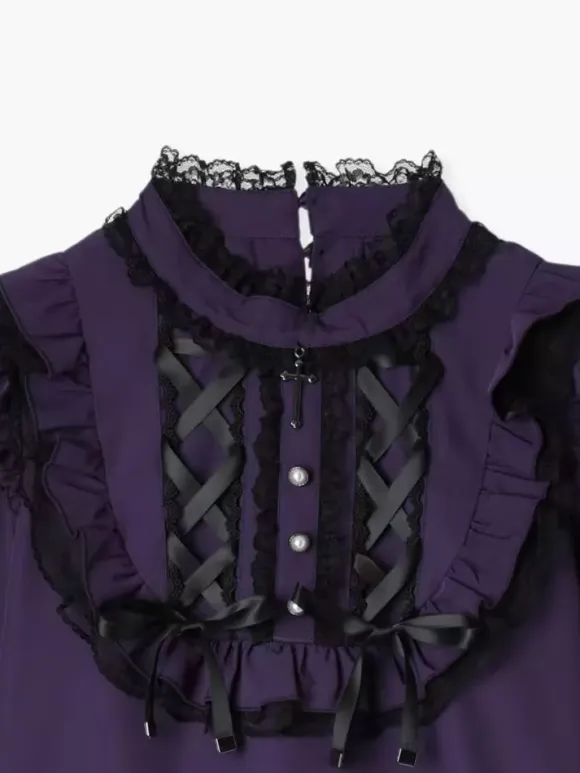 Gothic Lolita Blouses Lolita Top Purple Long Sleeves Lace Ruffles Color Block Lolita Shirt