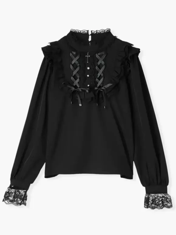 Gothic Lolita Blouses Lolita Top Purple Long Sleeves Lace Ruffles Color Block Lolita Shirt