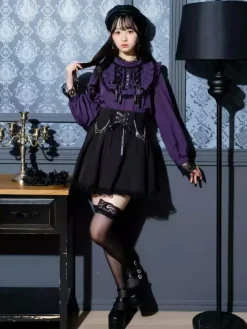 Gothic Lolita Blouses Lolita Top Purple Long Sleeves Lace Ruffles Color Block Lolita Shirt