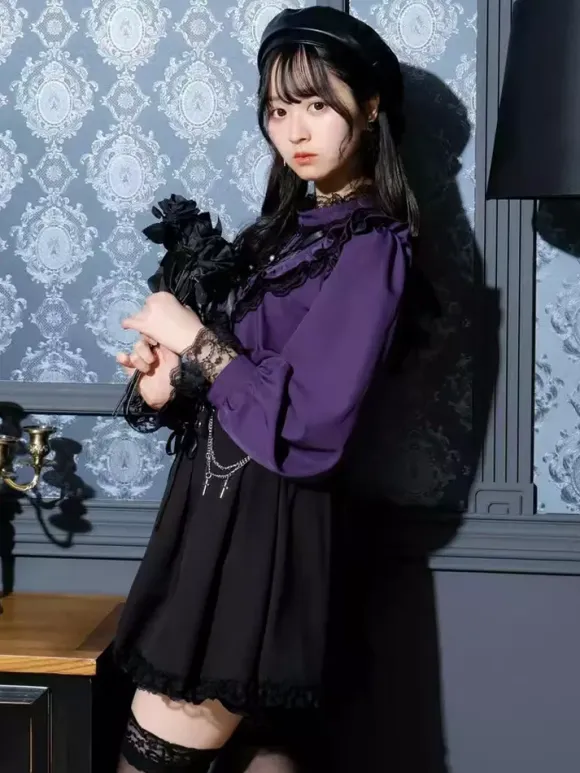 Gothic Lolita Blouses Lolita Top Purple Long Sleeves Lace Ruffles Color Block Lolita Shirt