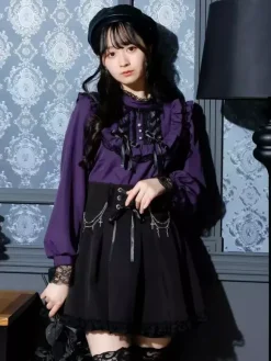 Gothic Lolita Blouses Lolita Top Purple Long Sleeves Lace Ruffles Color Block Lolita Shirt