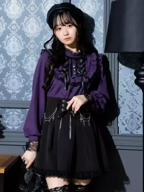 Gothic Lolita Blouses Lolita Top Purple Long Sleeves Lace Ruffles Color Block Lolita Shirt