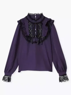 Gothic Lolita Blouses Lolita Top Purple Long Sleeves Lace Ruffles Color Block Lolita Shirt