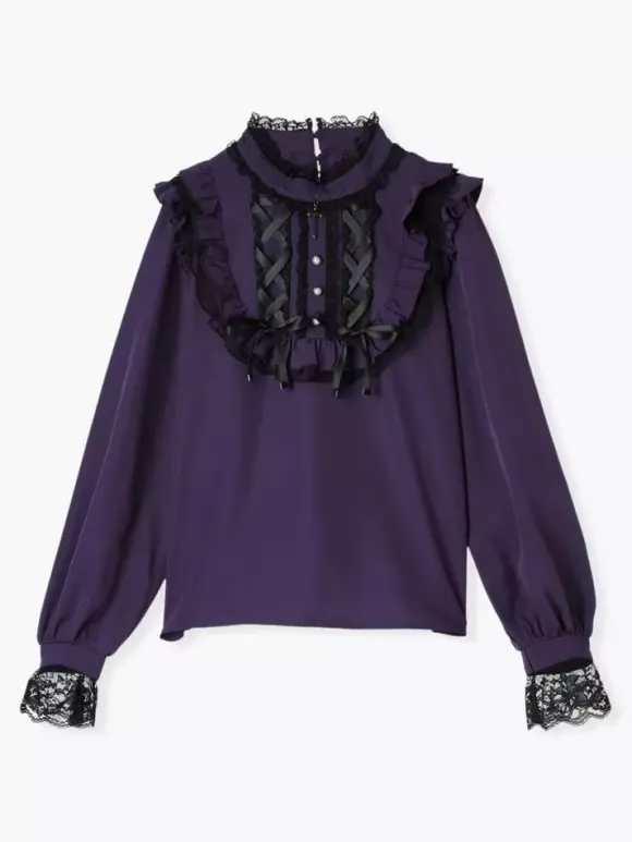 Gothic Lolita Blouses Lolita Top Purple Long Sleeves Lace Ruffles Color Block Lolita Shirt