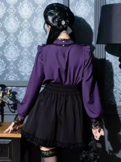 Gothic Lolita Blouses Lolita Top Purple Long Sleeves Lace Ruffles Color Block Lolita Shirt