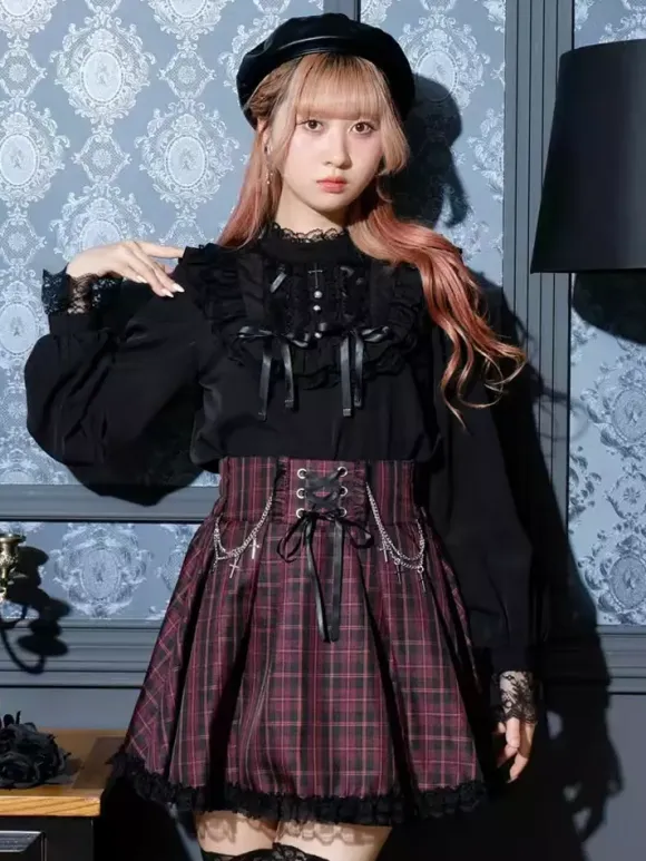 Gothic Lolita Blouses Lolita Top Purple Long Sleeves Lace Ruffles Color Block Lolita Shirt