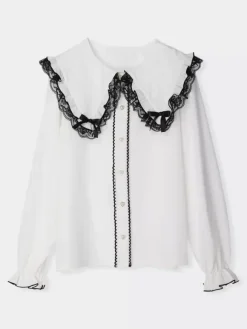 Gothic Lolita Blouses Lolita Top White Long Sleeves Lace Bows Color Block Lolita Shirt