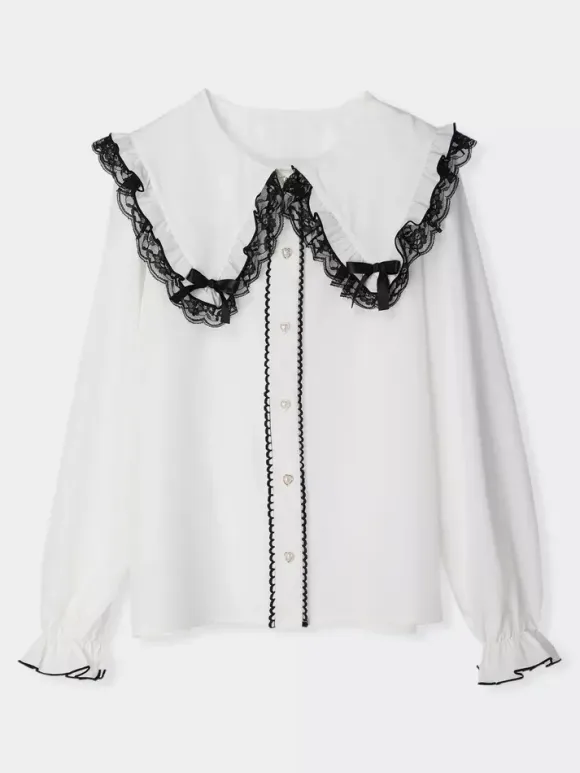 Gothic Lolita Blouses Lolita Top White Long Sleeves Lace Bows Color Block Lolita Shirt