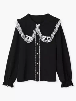 Gothic Lolita Blouses Lolita Top White Long Sleeves Lace Bows Color Block Lolita Shirt