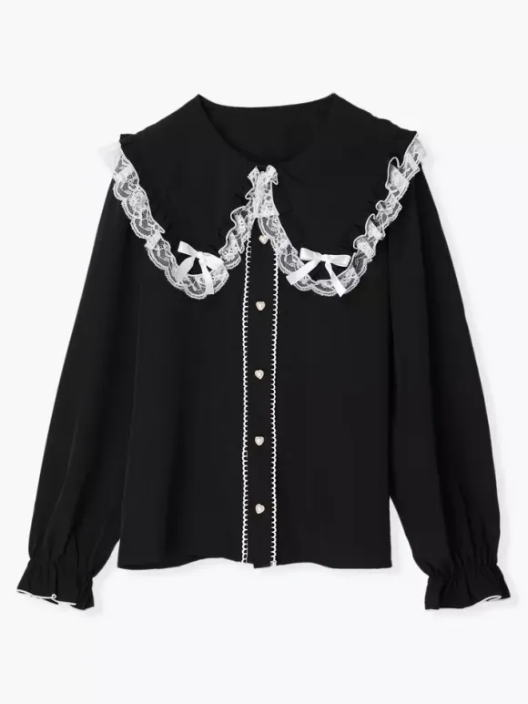 Gothic Lolita Blouses Lolita Top White Long Sleeves Lace Bows Color Block Lolita Shirt