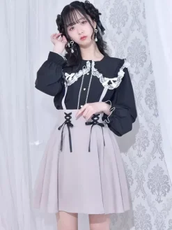 Gothic Lolita Blouses Lolita Top White Long Sleeves Lace Bows Color Block Lolita Shirt