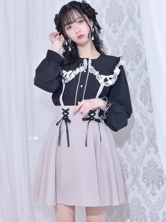 Gothic Lolita Blouses Lolita Top White Long Sleeves Lace Bows Color Block Lolita Shirt
