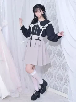 Gothic Lolita Blouses Lolita Top White Long Sleeves Lace Bows Color Block Lolita Shirt