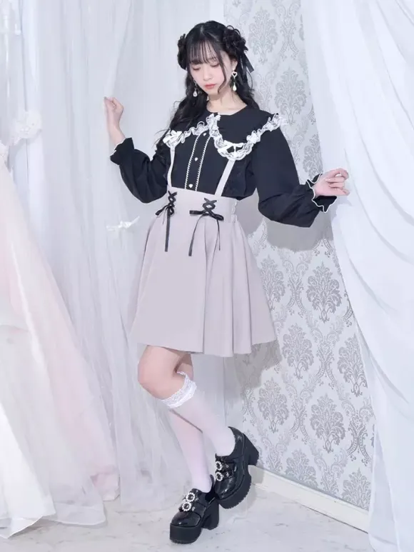 Gothic Lolita Blouses Lolita Top White Long Sleeves Lace Bows Color Block Lolita Shirt