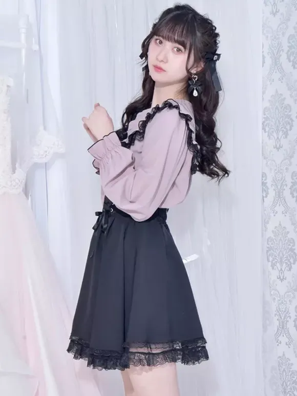 Gothic Lolita Blouses Lolita Top White Long Sleeves Lace Bows Color Block Lolita Shirt