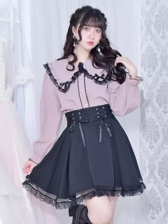 Gothic Lolita Blouses Lolita Top White Long Sleeves Lace Bows Color Block Lolita Shirt