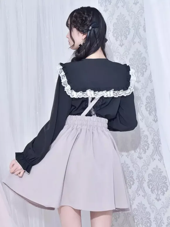 Gothic Lolita Blouses Lolita Top White Long Sleeves Lace Bows Color Block Lolita Shirt