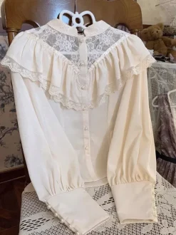 Gothic Lolita Blouses Ruffles Lace Long Sleeves Blouse Lolita Top Lace Ecru White Lolita Shirt
