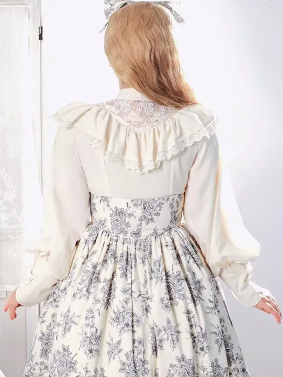 Gothic Lolita Blouses Ruffles Lace Long Sleeves Blouse Lolita Top Lace Ecru White Lolita Shirt