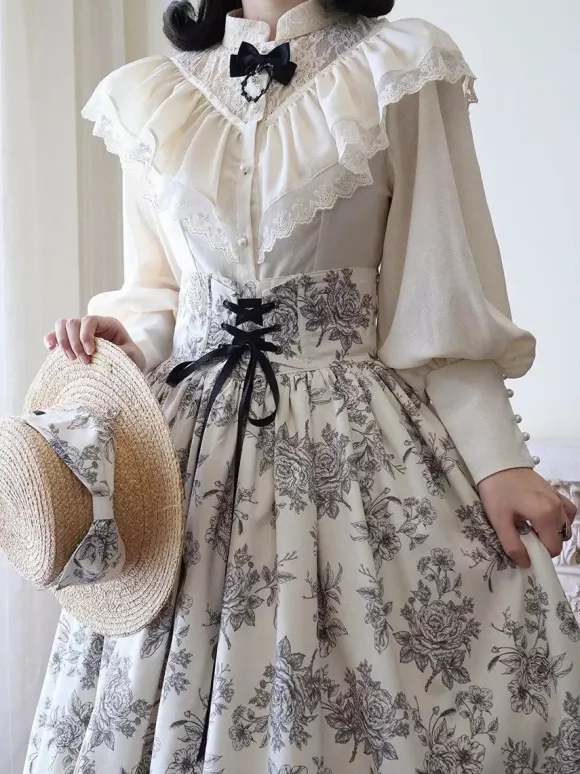 Gothic Lolita Blouses Ruffles Lace Long Sleeves Blouse Lolita Top Lace Ecru White Lolita Shirt