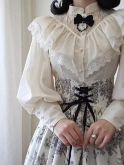 Gothic Lolita Blouses Ruffles Lace Long Sleeves Blouse Lolita Top Lace Ecru White Lolita Shirt