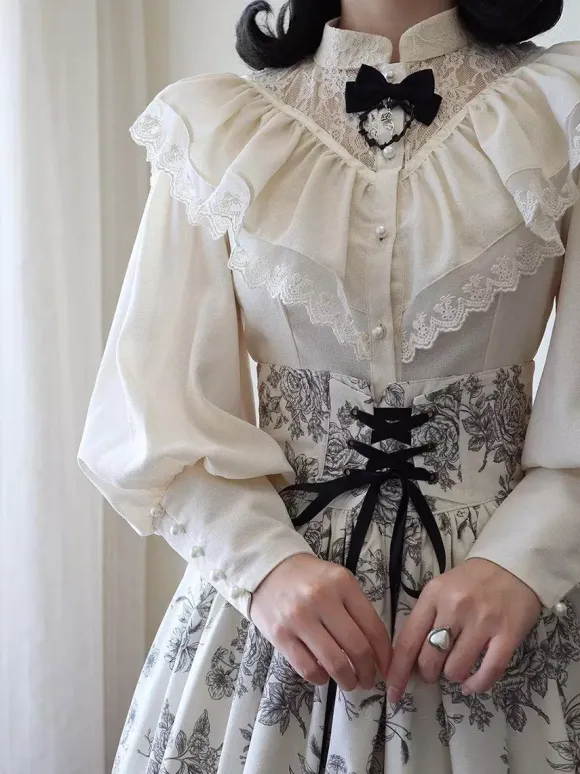 Gothic Lolita Blouses Ruffles Lace Long Sleeves Blouse Lolita Top Lace Ecru White Lolita Shirt