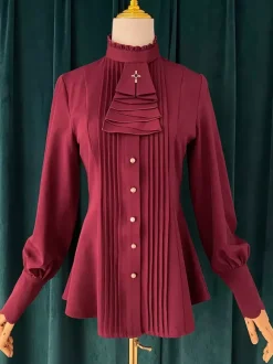 Gothic Lolita Blouses Ruffles Lolita Top Long Sleeves Blouse Burgundy Lolita Shirt