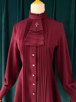 Gothic Lolita Blouses Ruffles Lolita Top Long Sleeves Blouse Burgundy Lolita Shirt
