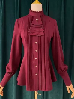Gothic Lolita Blouses Ruffles Lolita Top Long Sleeves Blouse Burgundy Lolita Shirt