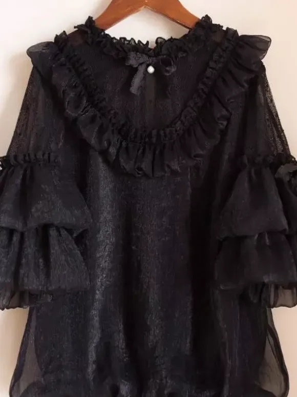 Gothic Lolita Blouses White Short Sleeves Lace Bows Lolita Top Lace Lolita Shirt