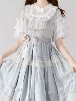Gothic Lolita Blouses White Short Sleeves Lace Bows Lolita Top Lace Lolita Shirt