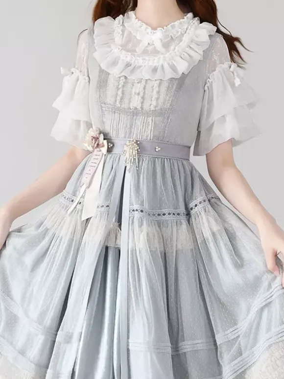 Gothic Lolita Blouses White Short Sleeves Lace Bows Lolita Top Lace Lolita Shirt