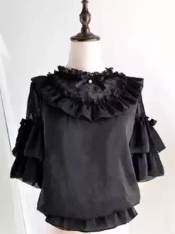 Gothic Lolita Blouses White Short Sleeves Lace Bows Lolita Top Lace Lolita Shirt