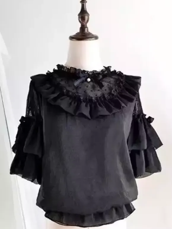 Gothic Lolita Blouses White Short Sleeves Lace Bows Lolita Top Lace Lolita Shirt