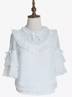 Gothic Lolita Blouses White Short Sleeves Lace Bows Lolita Top Lace Lolita Shirt